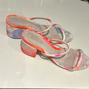 Schutz Kyra tie-dye Mule Block Heel strappy slide sandals * orange, pink, blue 9